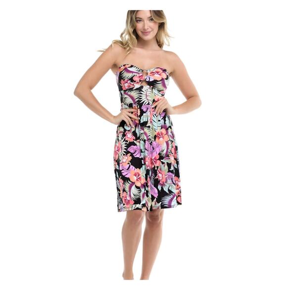 NWOT Skye Tropical Print Bandeau Dress with Built-in Cups Removable Neck Sash M - Picture 3 of 9